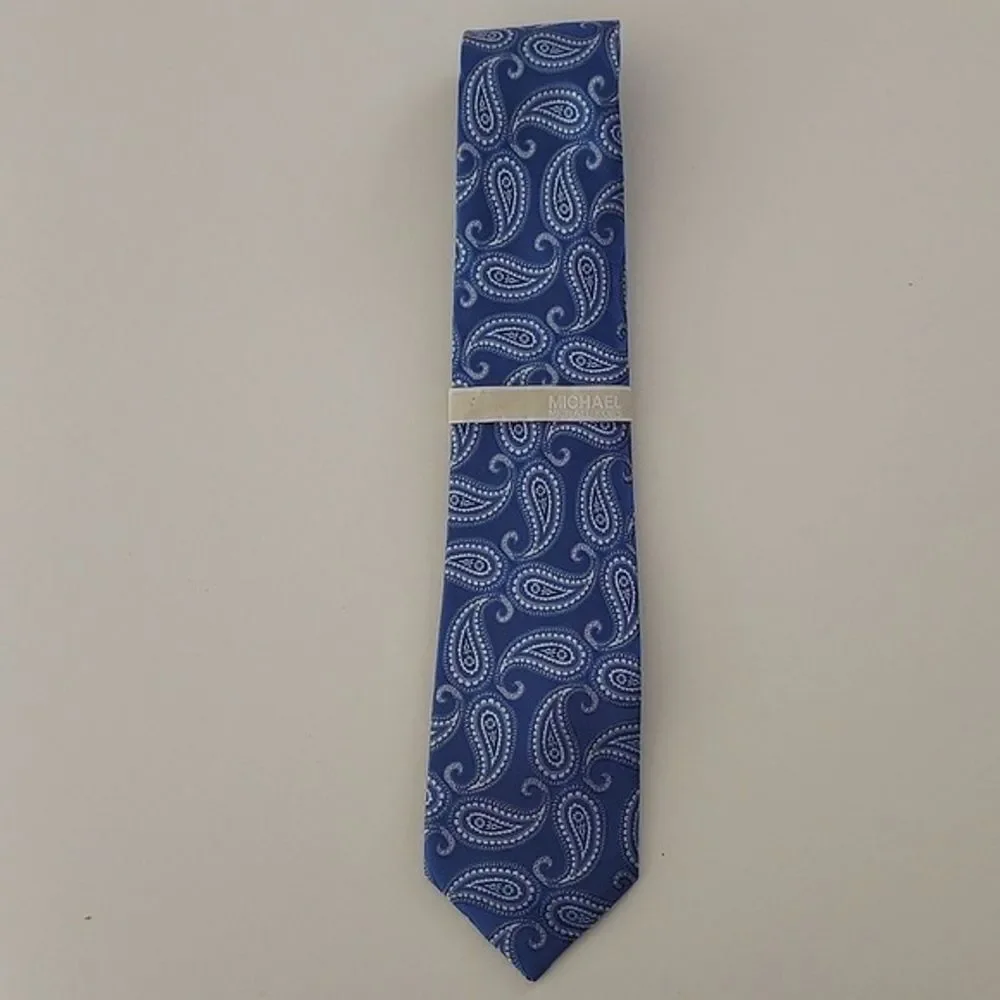 Michael Michael Kors 100% Silk Core Paisley Men's Tie Blue White Silver Gray NWT